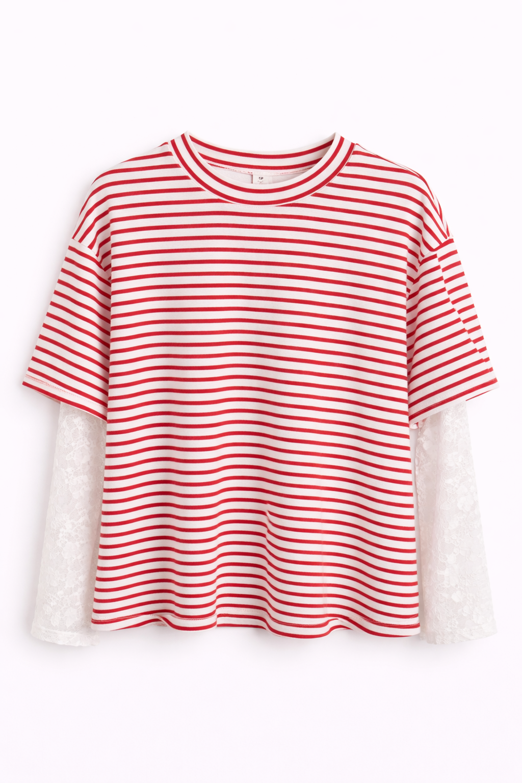 T-shirt blanc marinière rouge manches dentelle