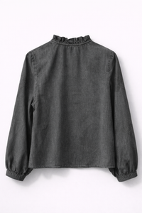 Blouse en jean gris brodée col volanté
