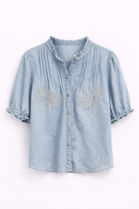 Chemise manches courtes brodée en denim clair