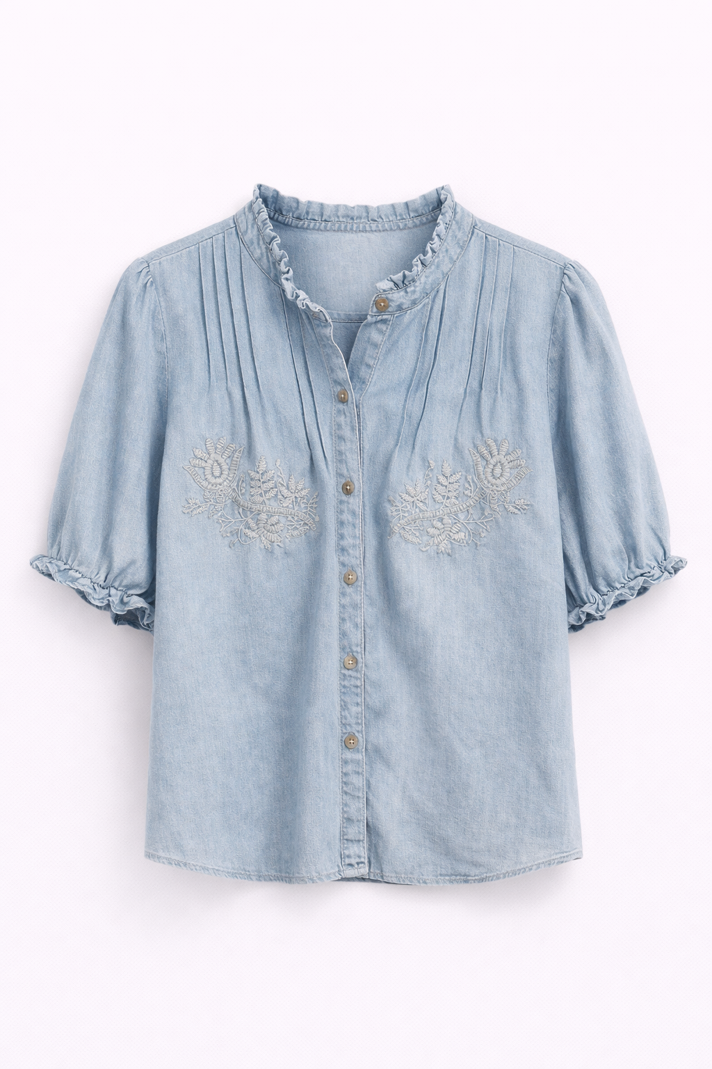 Chemise manches courtes brodée en denim clair