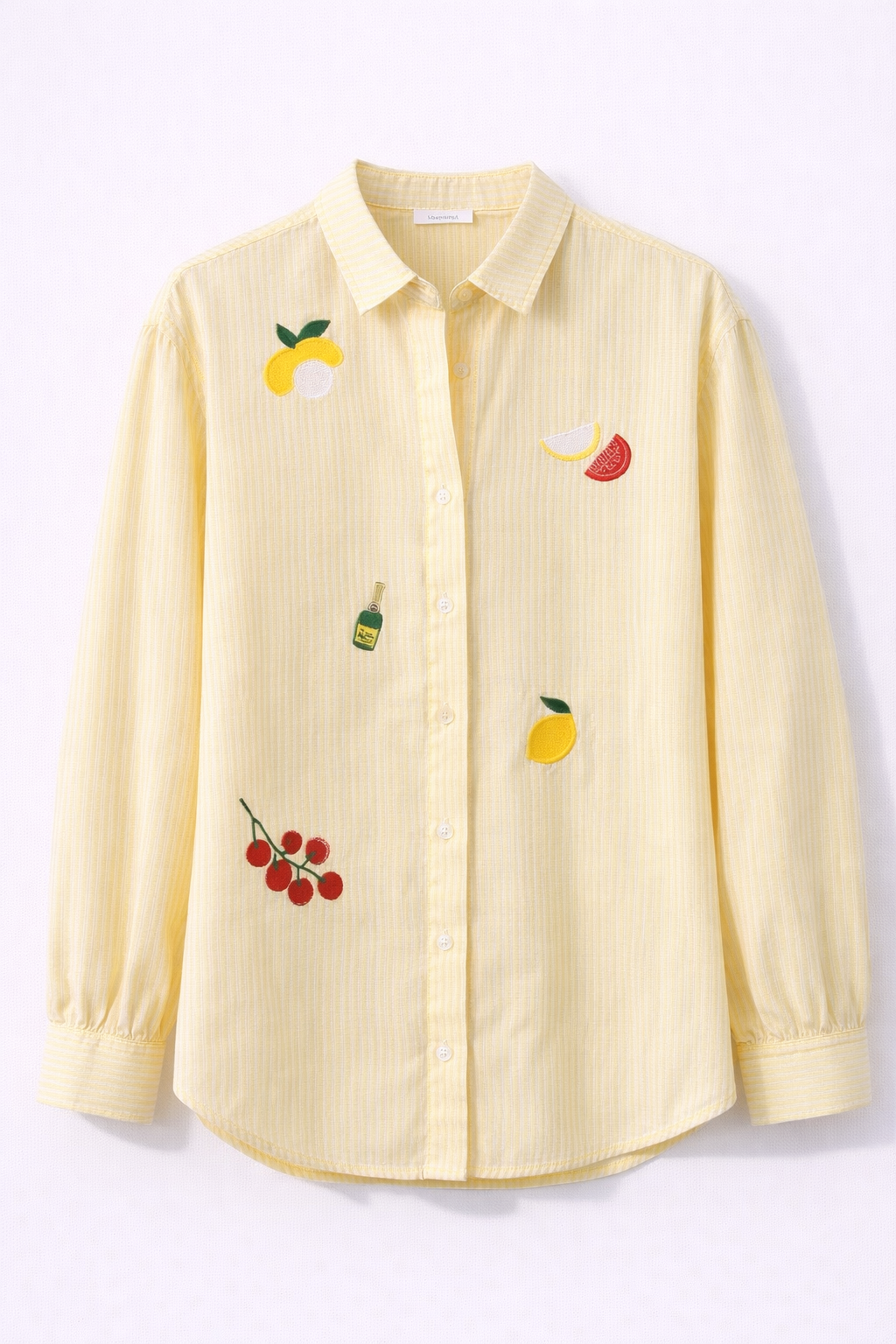 Chemise rayée jaune brodée fruits