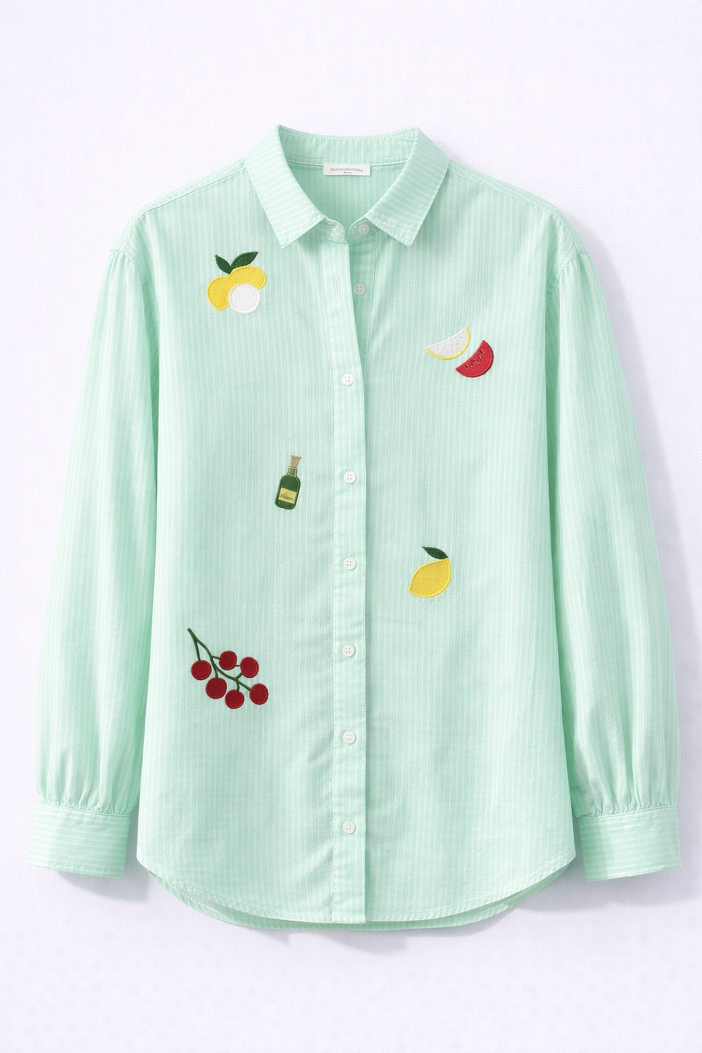 Chemise rayée verte brodée fruits