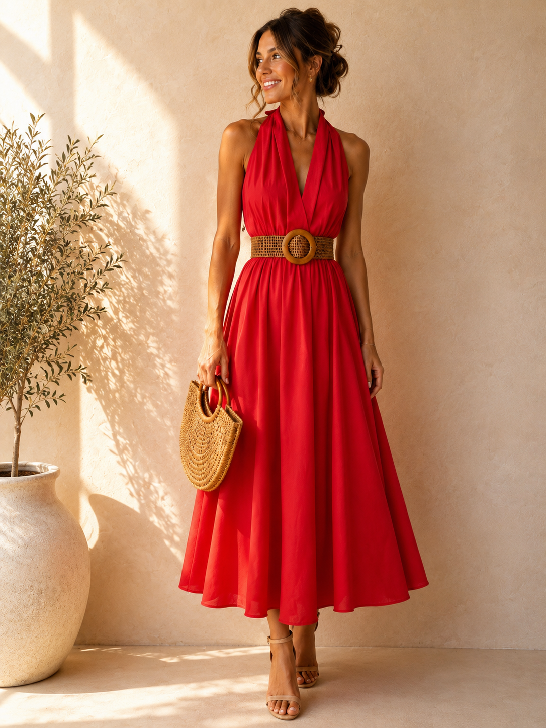 Robe longue dos nu rouge ceinture tressée