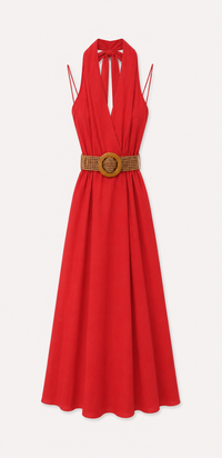 Robe longue dos nu rouge ceinture tressée