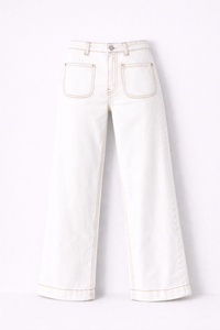 Jean flare à poches plaquées flare blanc à couture marron - Oraije