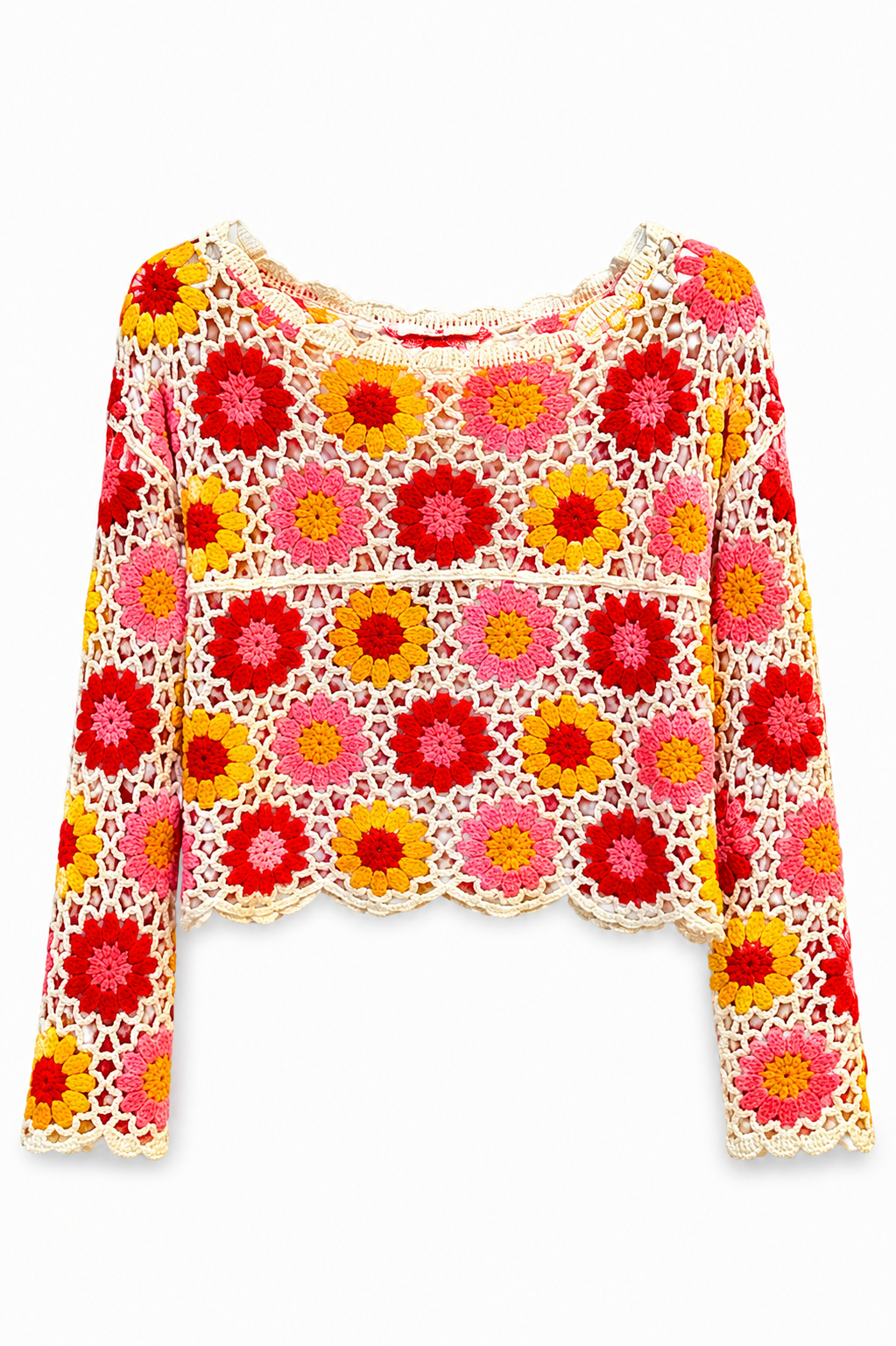 Pull crochet fleurs multicolores bohème – Rouge, rose & jaune