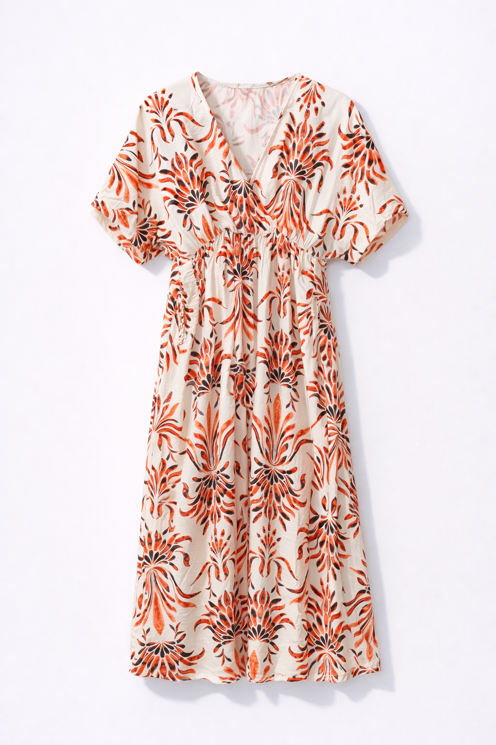 Robe longue imprimée rouge et écru