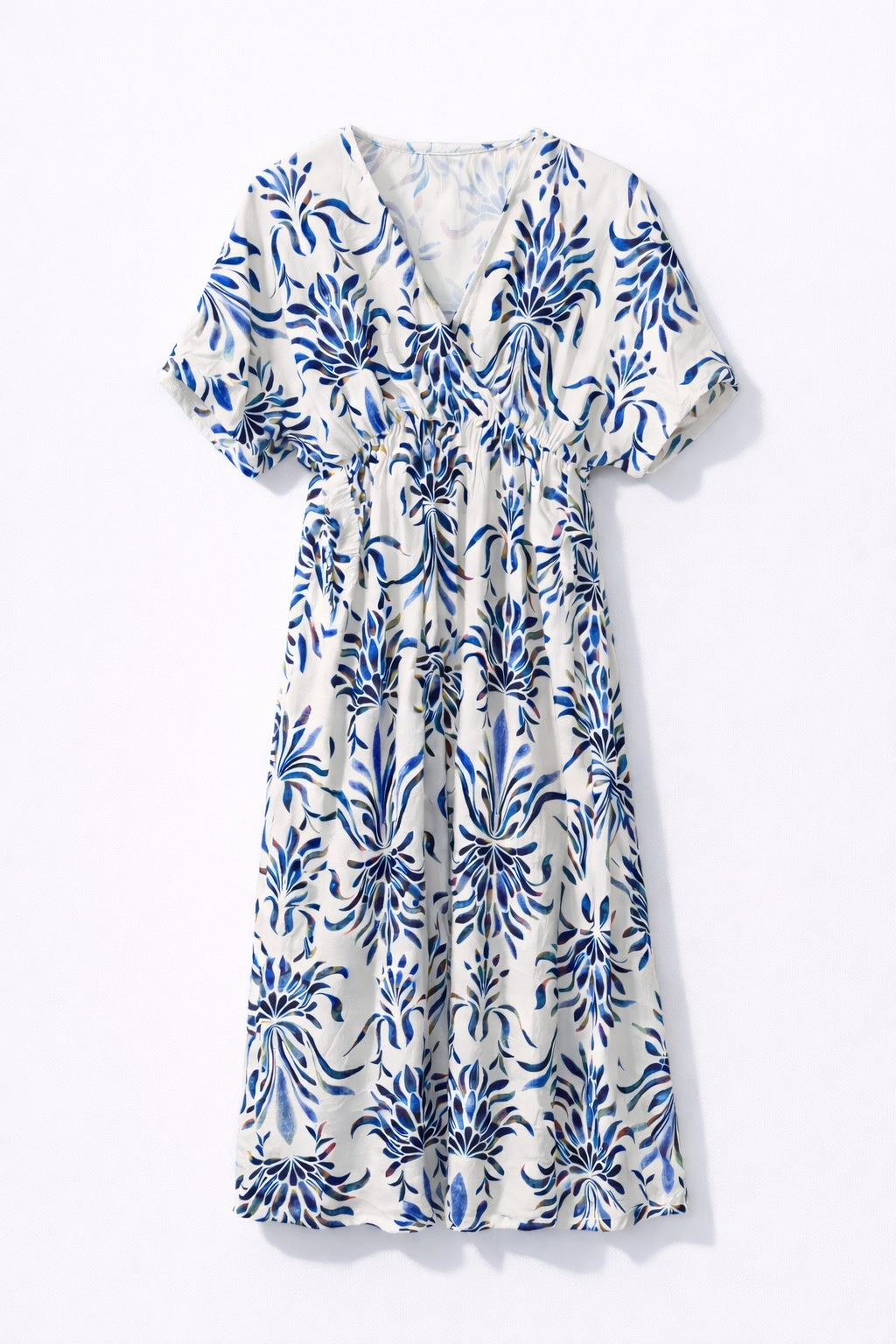 Robe longue imprimée bleue et écru