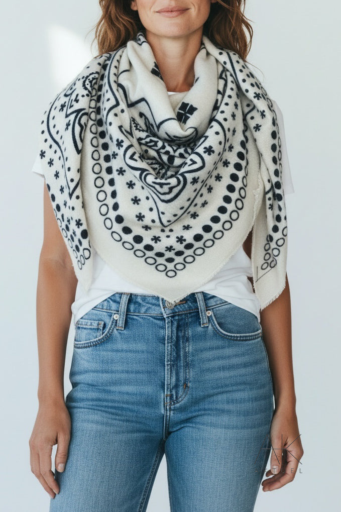 Foulard carré écru/bleu imprimé bandana