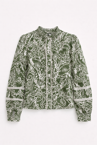 Chemise imprimée vert sauge et blanc à détails ajourés