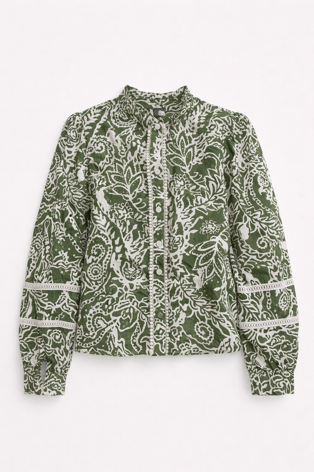 Chemise imprimée vert sauge et blanc à détails ajourés