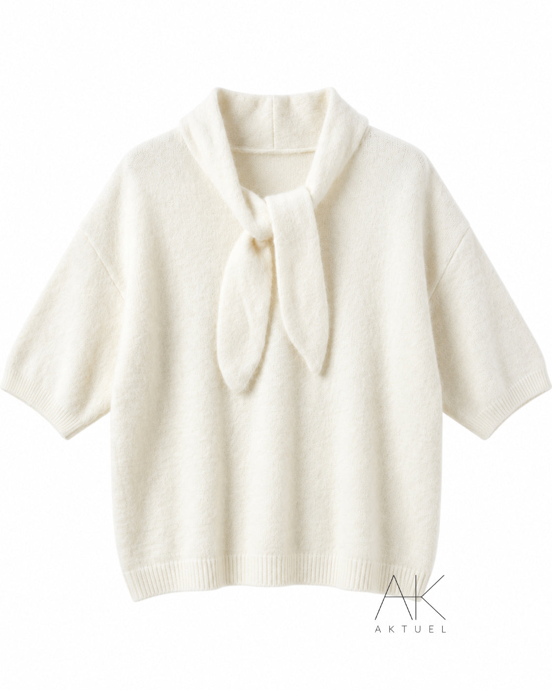 Pull écru alpaga manche 3/4 col à nouer