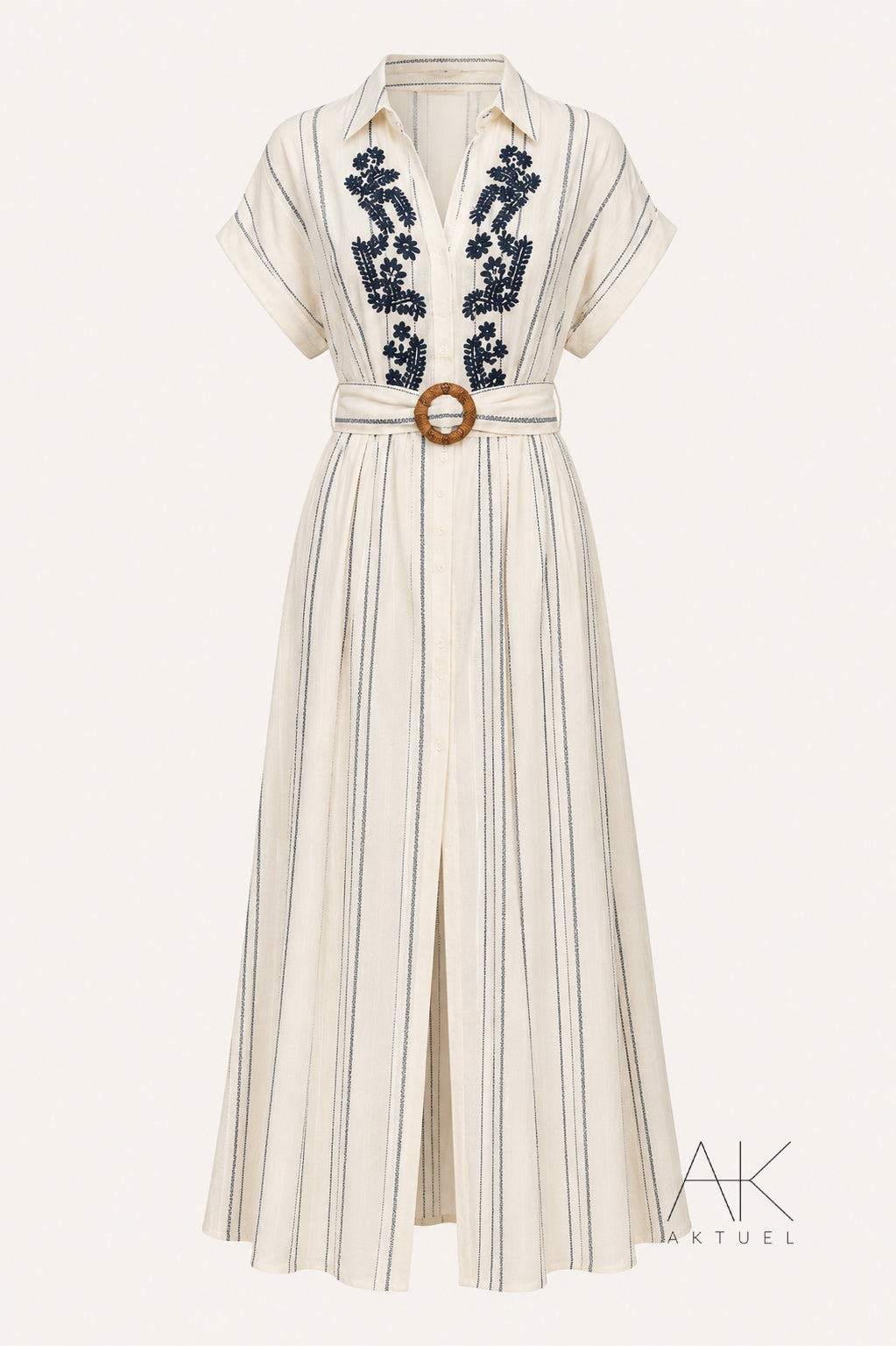 Robe chemise longue brodée écrue & marine