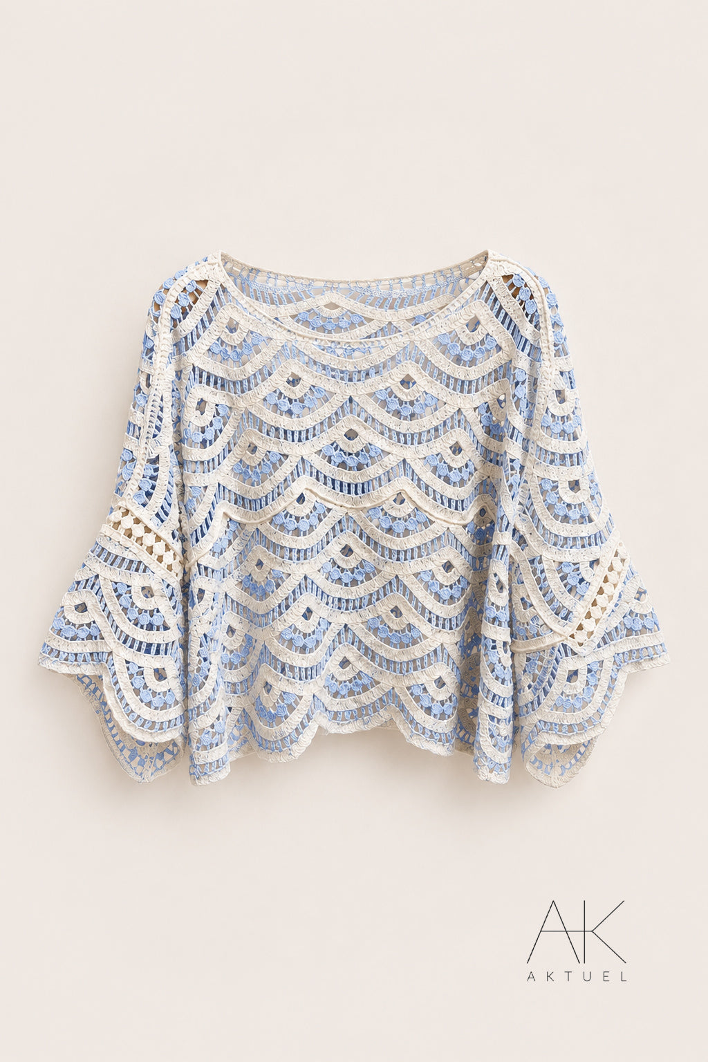 Pull crochet bohème bleu