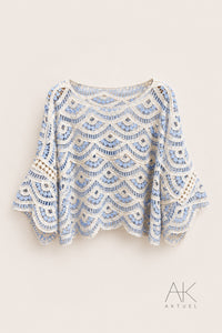 Pull crochet bohème bleu