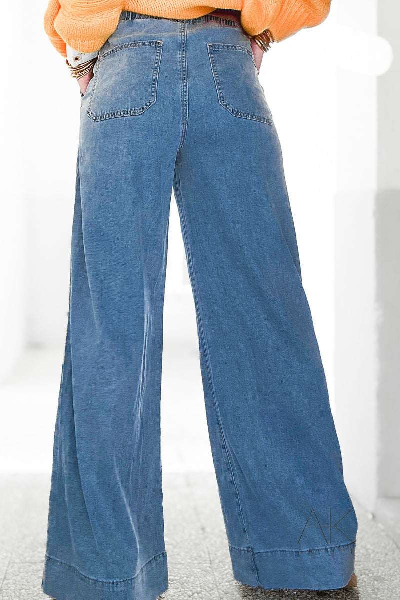 Pantalon toile denim foncé fluide palazzo fit