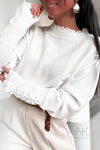Pull Blanc en Maille avec Détails Dentelle