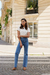 Jean Oraije large flare bleu taille haute