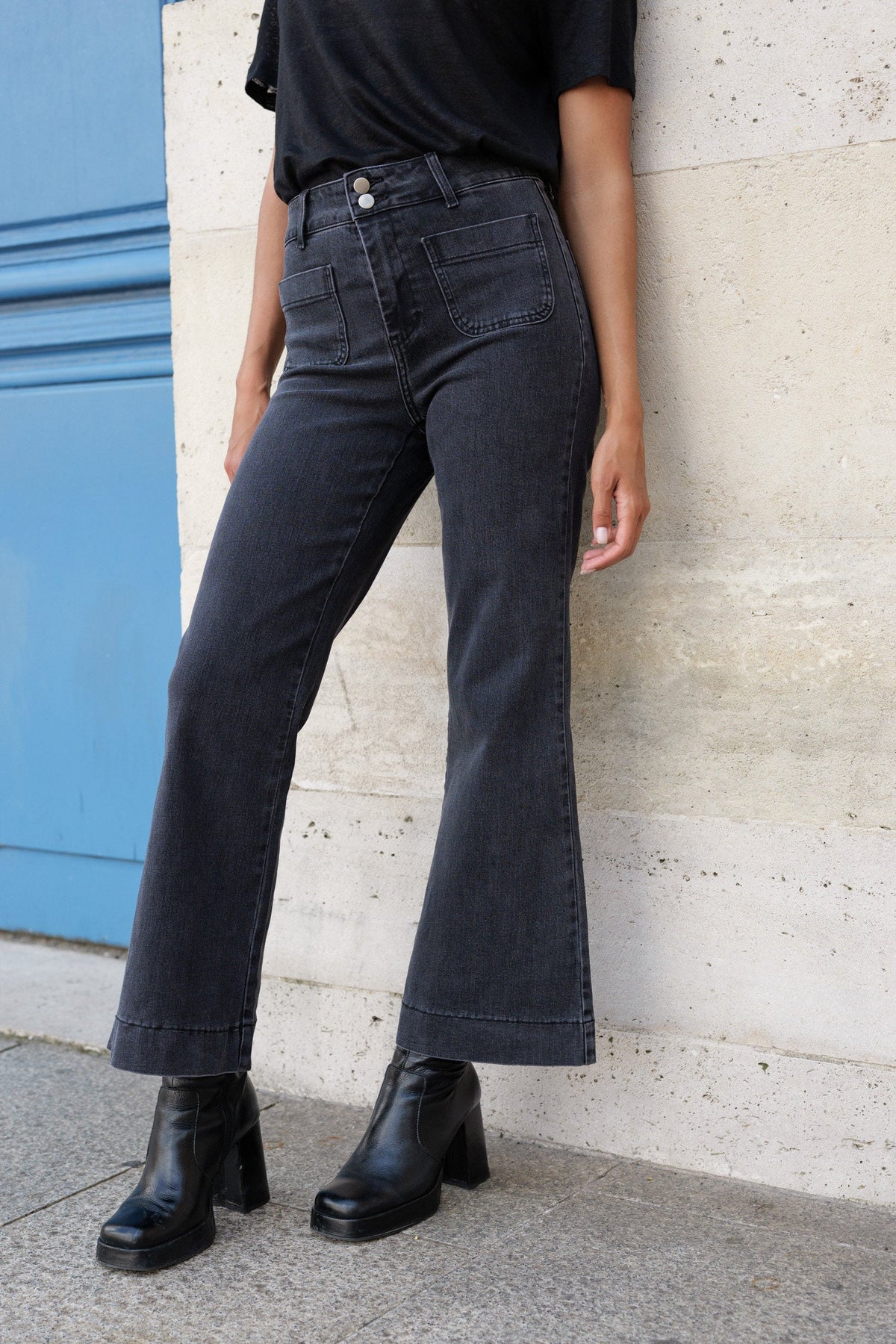 Jean Oraije large flare noir taille haute
