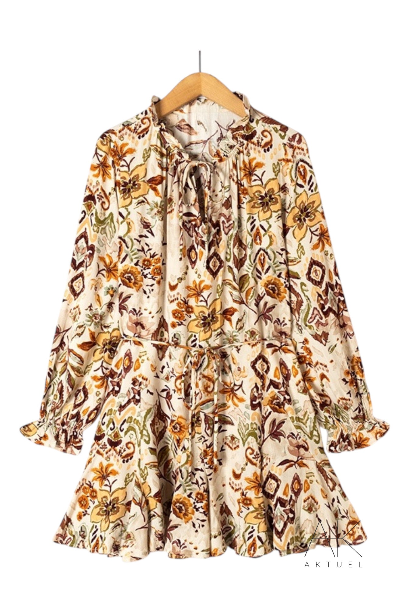 Robe imprimée rouille ceinturée à manches longues
