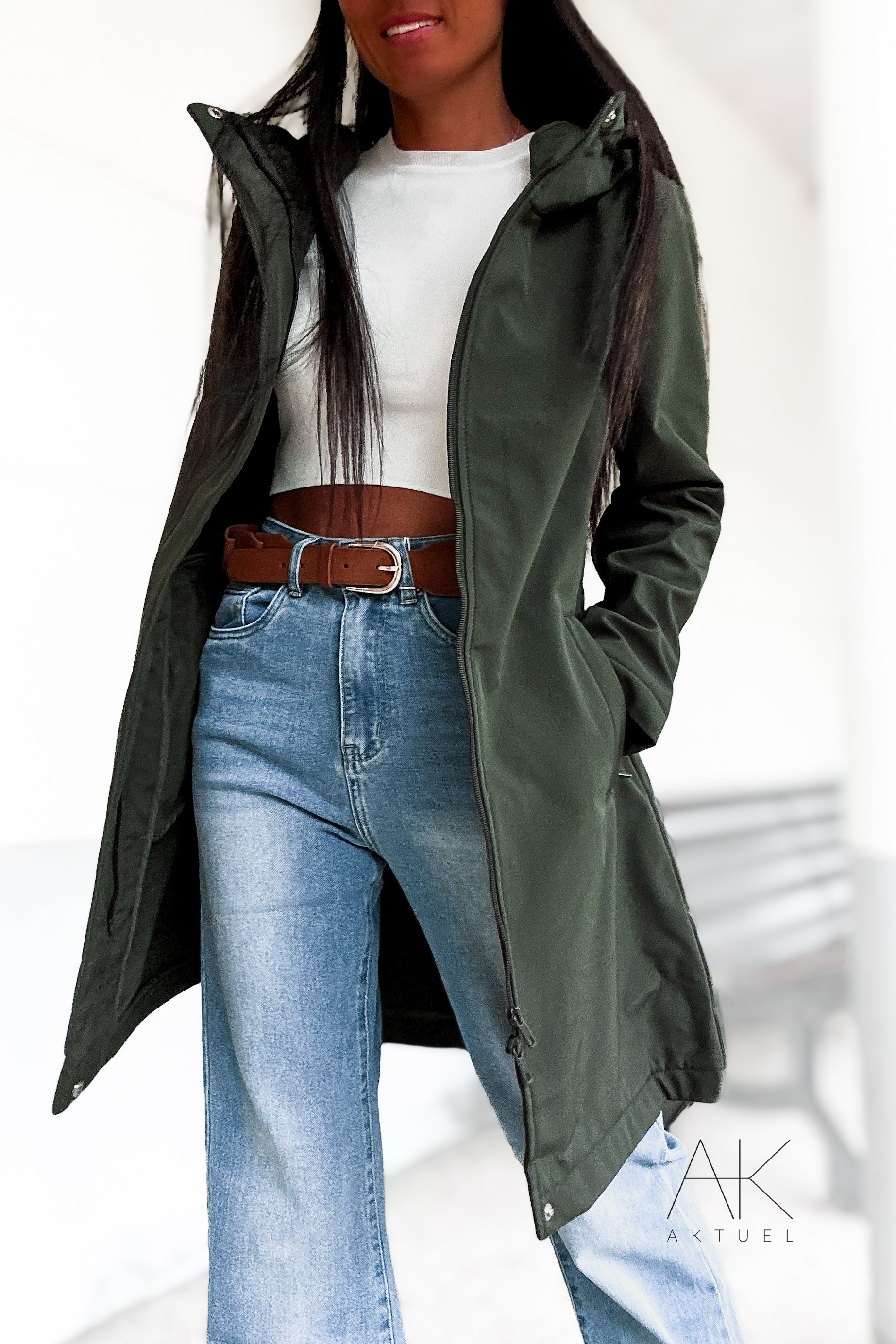 Mi Longue Manteau Kaki Femme Parka Mi-longue Imperméable Vert Kaki